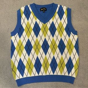 Bee Free Argyle Sweater Vest Small Blue Green Preppy Knit Sleeveless Layer